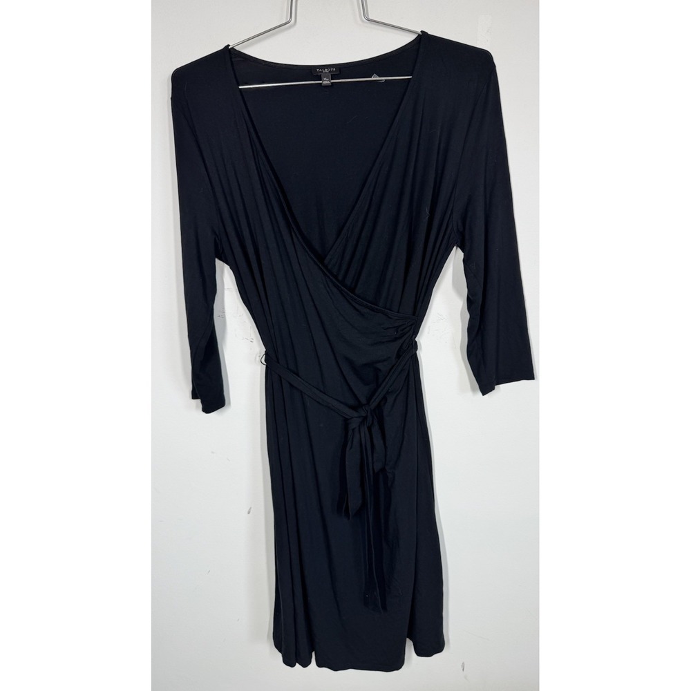 Talbots Classic Black Jersey Faux Wrap‎ Dress Long Sleeve Midi Size XLP Cocktail